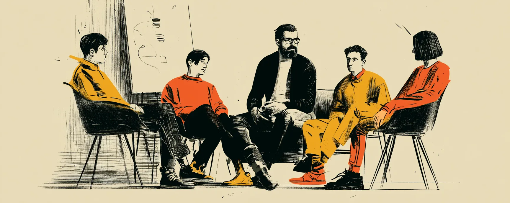 Editorial-Illustration: Trainer:in als Teil einer kleinen Gruppe von Schüler:innen in einer kollaborativen Übung. Alle Personen sind farbig ausgefüllt, der Raum nur als Outline. Bildsprache der gesellschaftlichen Friedensebene.