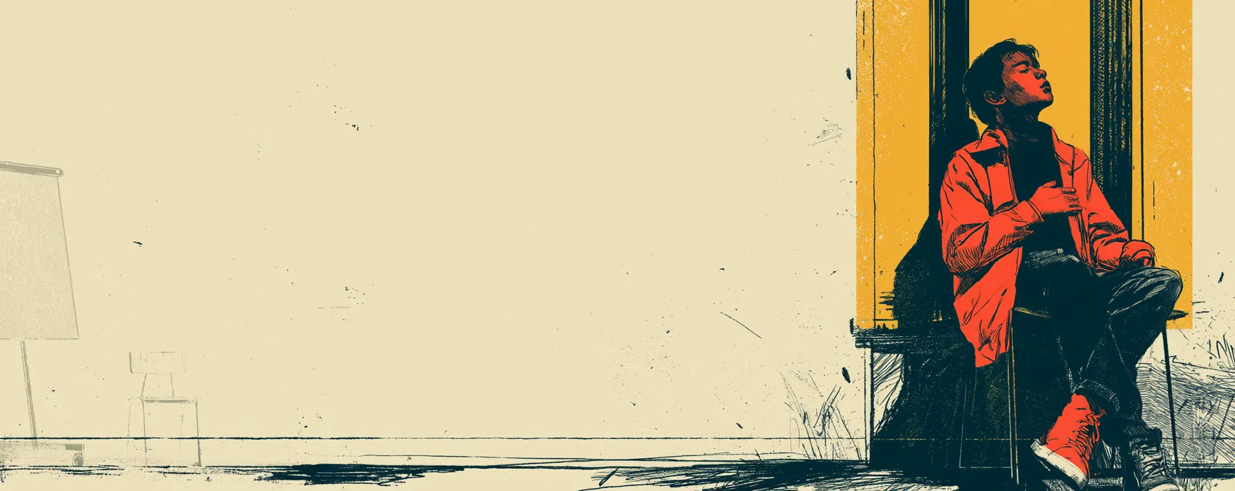 Editorial-Illustration: Eine Schüler:in (11–12 Jahre) in einem ruhigen Moment der Selbstwahrnehmung am Fenster. Die Figur ist farbig ausgefüllt, die Umgebung nur als Outline. Bildsprache der inneren Friedensebene.