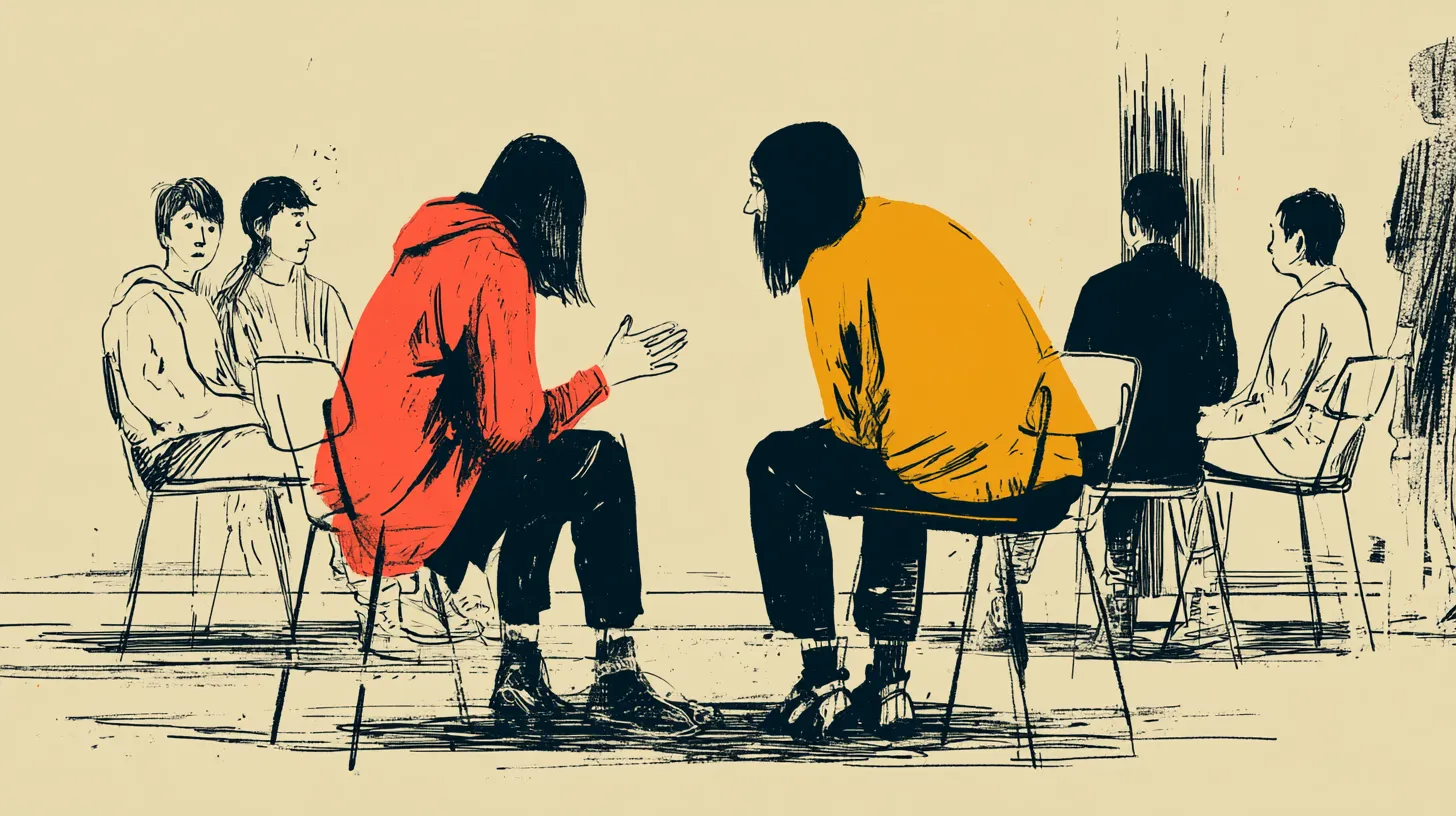 Editorial-Illustration: Zwei Schüler:innen im Vordergrund in engagiertem Gespräch — beide farbig ausgefüllt. Andere Anwesende im Hintergrund und der Raum nur als Outline. Visualisiert die dialektische Grundhaltung: ein Gegensatz zwischen zwei Personen, im Kontext anderer ausgehalten.